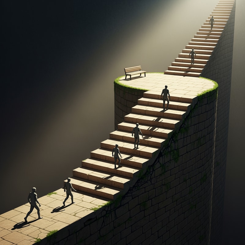 I need an illustration of stairs. Not a public space, not an urban element. Stairs as a story about the movement of the body through space, time and effort. The entrance is slow, flat, gradual acceleration, a point of fatigue, a pause and an end. The stairs themselves must show that path that is sometimes easy (normal stairs), and sometimes difficult (large stairs)