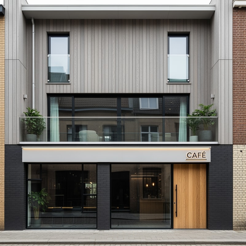 make me suggestions for the facade of a house that is in a row. There is a cafe on the ground floor and an apartment on the first floor and it has a flat roof. Also, the cafe is recessed and above it is a terrace from the apartment across the entire width of the building. Let it be modern