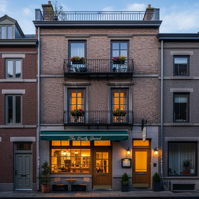 Please make me suggestions for the facade of a house that is in a row. There is a cafe on the ground floor and an apartment on the first floor and it has a flat roof.