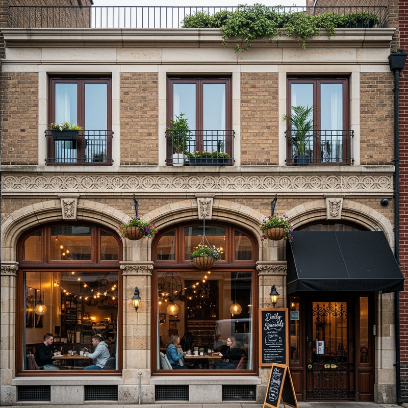 Please make me suggestions for the facade of a house that is in a row. There is a cafe on the ground floor and an apartment on the first floor and it has a flat roof.