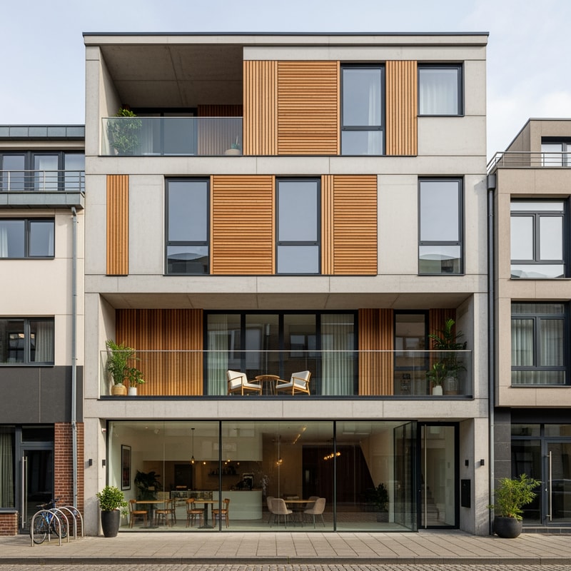 make me suggestions for the facade of a house that is in a row. There is a cafe on the ground floor and an apartment on the first floor and it has a flat roof. Also, the cafe is recessed and above it is a terrace from the apartment across the entire width of the building. Let it be modern