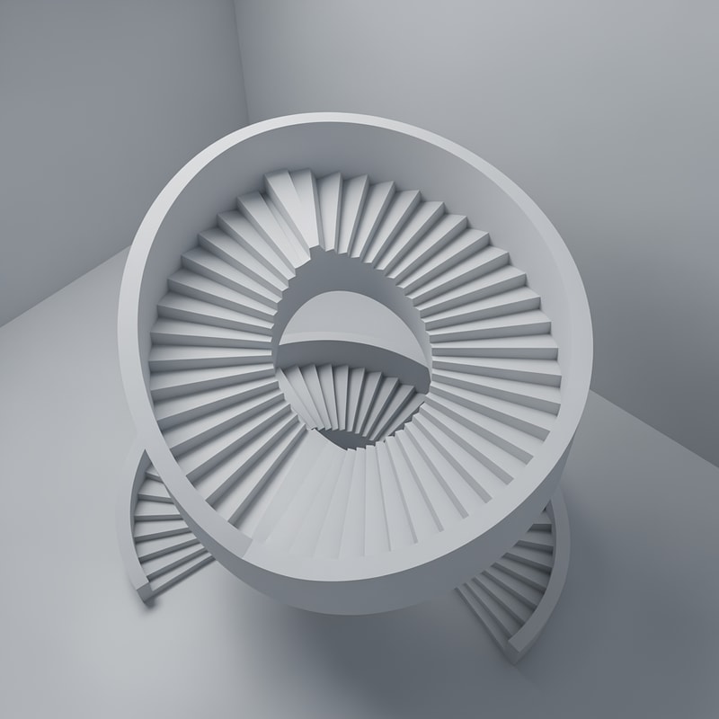A staircase that always leads back. 
Concept:
Stairs that go up → turn → go down → return to the same point
The user has a sense of progress, but never moves in space
Architectural:
Pure geometry
clear, repetitive modules
No strings attached, no details.