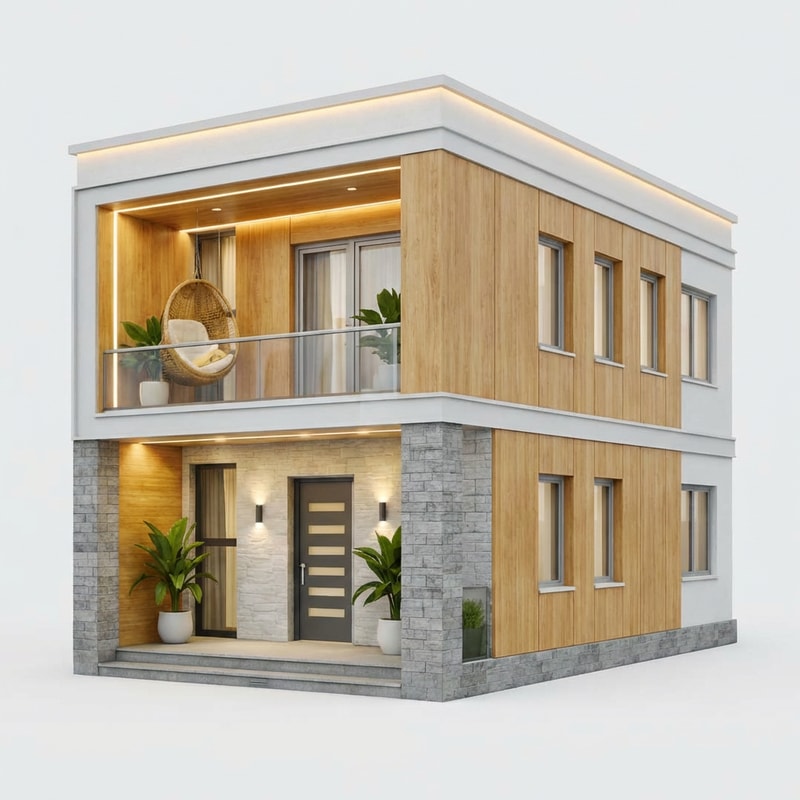 remove these wooden elements from this long facade and maybe replace these slats with wooden panels