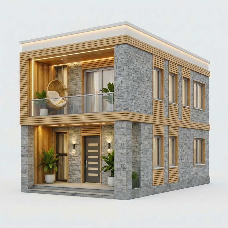 let the stone be the same on both the columns and the facade and arrange the wood in a meaninful way