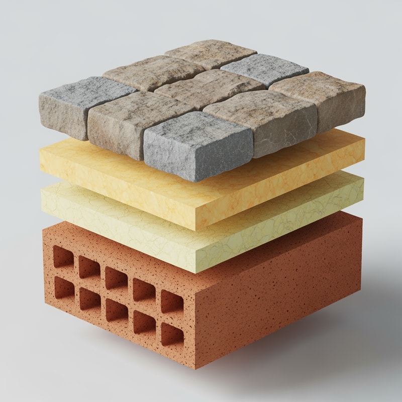 MAKE ME AN AXONOMETRICAL VIEW OF THE LAYERS OF THE WALL. I HAVE A GITER BLOCK AND THERMAL INSULATION AND STONE COVERING