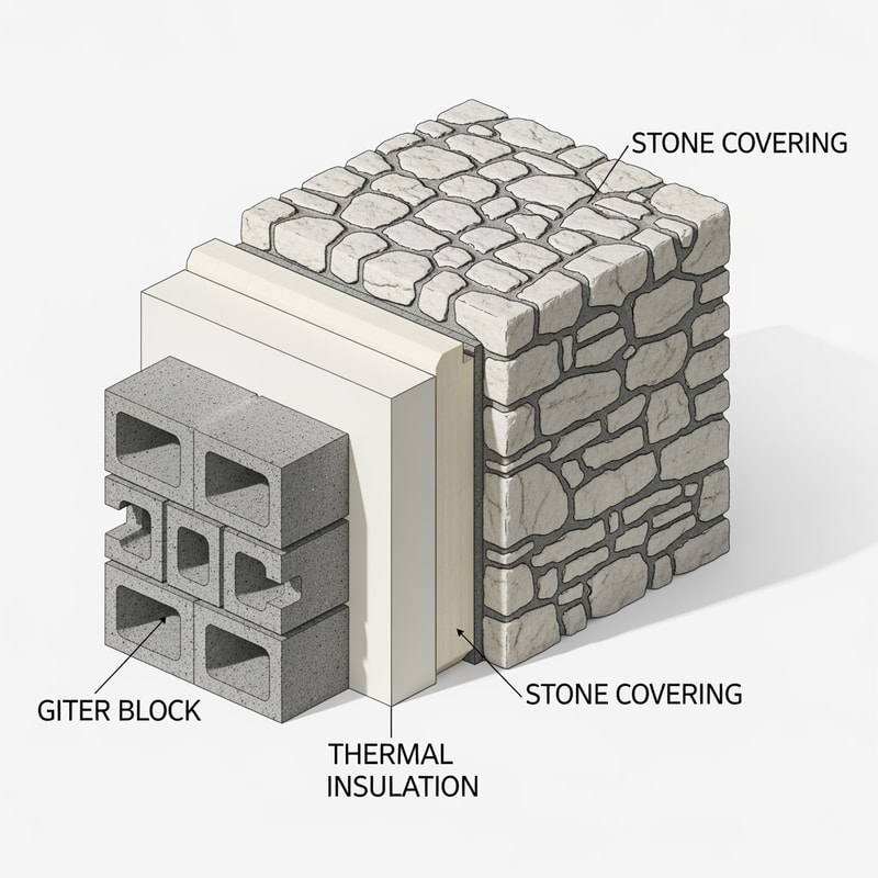 MAKE ME AN AXONOMETRICAL VIEW OF THE LAYERS OF THE WALL. I HAVE A GITER BLOCK AND THERMAL INSULATION AND STONE COVERING