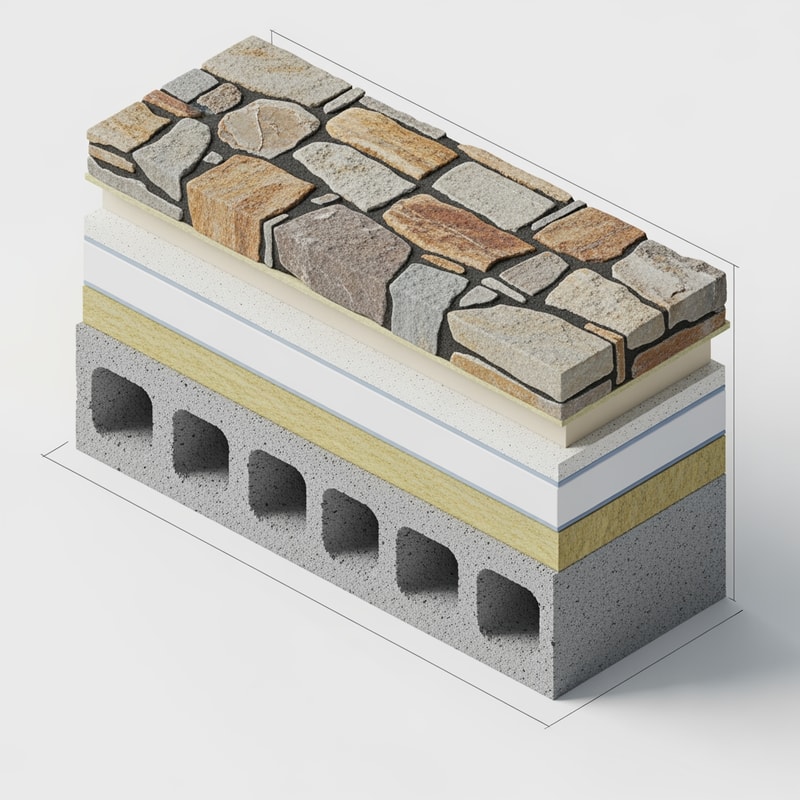MAKE ME AN AXONOMETRICAL VIEW OF THE LAYERS OF THE WALL. I HAVE A GITER BLOCK AND THERMAL INSULATION AND STONE COVERING