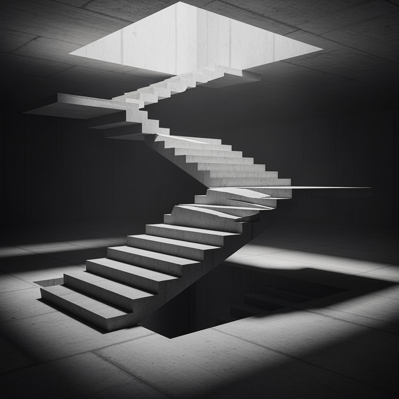 Conceptual architectural staircase, sculptural and minimalist.
A vertical staircase made of raw exposed concrete, floating in an abstract empty space.
The staircase rises upward and ends in open void, with no floor, no door, no destination.
Steps are irregular in size and spacing, creating tension and uncertainty while climbing.
No handrails, no walls, no surrounding architecture.
Strong light coming only from above, dramatic shadows along the steps.
Monolithic, heavy material expression, brutalist atmosphere.
No people.
Neutral colors, concrete texture.
Architectural visualization, high quality render, cinematic lighting, low-angle view emphasizing verticality.