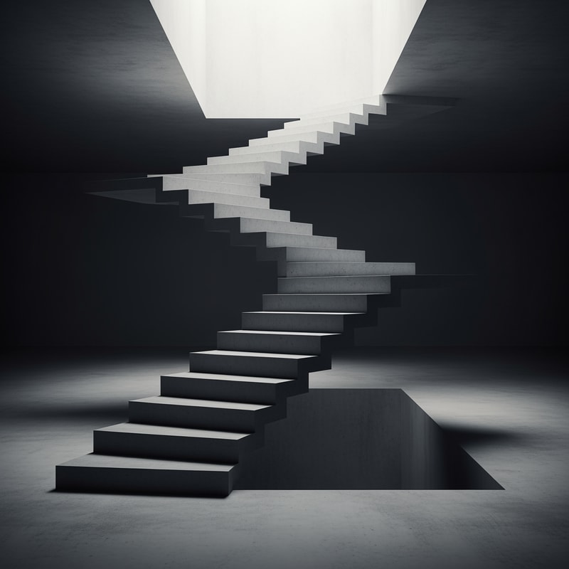 Conceptual architectural staircase, sculptural and minimalist.
A vertical staircase made of raw exposed concrete, floating in an abstract empty space.
The staircase rises upward and ends in open void, with no floor, no door, no destination.
Steps are irregular in size and spacing, creating tension and uncertainty while climbing.
No handrails, no walls, no surrounding architecture.
Strong light coming only from above, dramatic shadows along the steps.
Monolithic, heavy material expression, brutalist atmosphere.
No people.
Neutral colors, concrete texture.
Architectural visualization, high quality render, cinematic lighting, low-angle view emphasizing verticality.