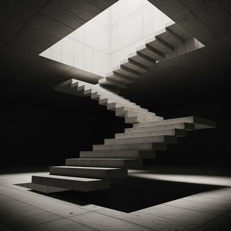 Conceptual architectural staircase, sculptural and minimalist.
A vertical staircase made of raw exposed concrete, floating in an abstract empty space.
The staircase rises upward and ends in open void, with no floor, no door, no destination.
Steps are irregular in size and spacing, creating tension and uncertainty while climbing.
No handrails, no walls, no surrounding architecture.
Strong light coming only from above, dramatic shadows along the steps.
Monolithic, heavy material expression, brutalist atmosphere.
No people.
Neutral colors, concrete texture.
Architectural visualization, high quality render, cinematic lighting, low-angle view emphasizing verticality.