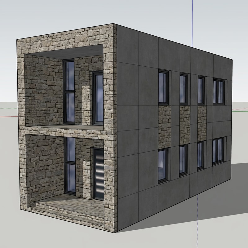 make me a facade proposal. let it be a combination of 2 materials. no brick and no demit facade. combination of stone and fiber cement board