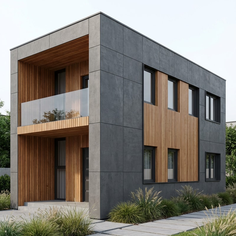 give me a suggestion for what my facade could be. It doesn't have to have any of the features from the picture. It should be modern and a combination of 2 materials. Preferably a ventilated facade