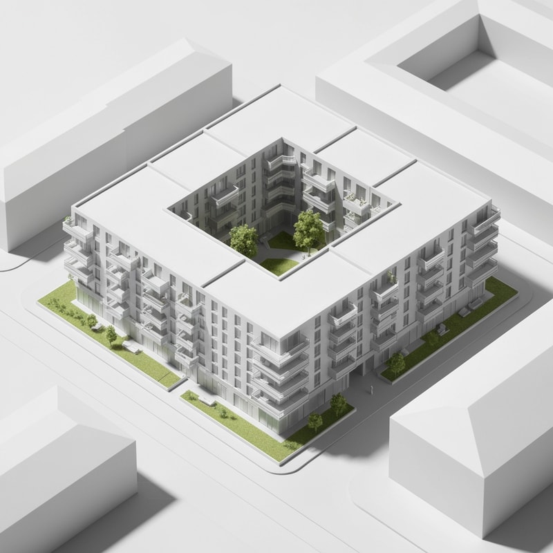 modern residential lamella buildings, zig-zag layout, urban street edge and green courtyard, minimalist architecture, white concrete, balconies, medium-rise, architectural massing model, axonometric