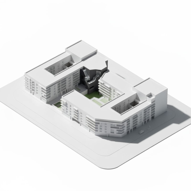 architectural massing model of a residential complex on a rectangular site 100x65m, three linear apartment buildings arranged in a zig-zag formation, each building approx 40m long and 12m deep, connected by recessed vertical circulation cores (staircases and elevators) shown as darker volumes between buildings, medium-rise (5-6 floors), placed along a main street edge, with open green courtyard behind, clean geometry, controlled angles (not random), modern minimalist architecture, white physical model, axonometric view, no textures, no people, soft shadows