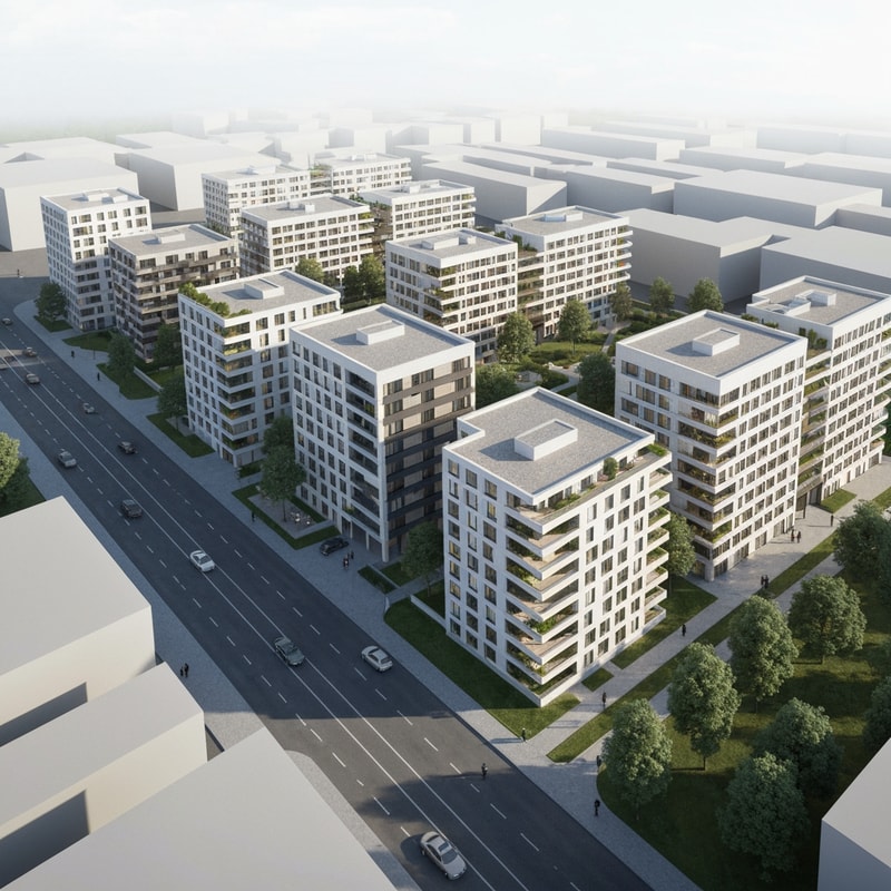 Contemporary residential housing complex in Novi Sad (Liman), Serbia, designed as a composition of linear apartment volumes (lamella buildings) arranged in a slightly fragmented zig-zag formation. The buildings are medium-rise (P+4 to P+6), with clear separation between residential volumes and vertical communication cores (staircases and elevators expressed as darker, recessed elements).

The composition follows an urban street edge along a main boulevard, creating a strong linear front, while opening towards a quieter green courtyard on the inner side. Emphasis on natural light, cross-ventilation, and human scale.

Architecture is minimalist and modern: clean white or light concrete facades, large balconies, horizontal lines, subtle variations in volume to avoid monotony. Greenery integrated between volumes and in the courtyard, trees and pedestrian paths.

Soft daylight, realistic rendering, architectural visualization, axonometric or aerial perspective, high detail, no people or minimal figures, calm atmosphere.