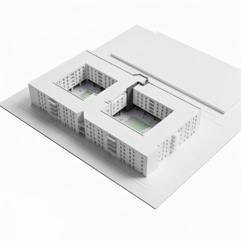 architectural massing model of a residential complex on a rectangular site 100x65m, three linear apartment buildings arranged in a zig-zag formation, each building approx 40m long and 12m deep, connected by recessed vertical circulation cores (staircases and elevators) shown as darker volumes between buildings, medium-rise (5-6 floors), placed along a main street edge, with open green courtyard behind, clean geometry, controlled angles (not random), modern minimalist architecture, white physical model, axonometric view, no textures, no people, soft shadows orthogonal geometry, rational layout, aligned volumes, architectural competition style, clear composition