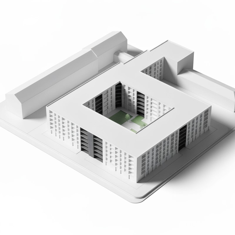 architectural massing model of a residential complex on a rectangular site 100x65m, three linear apartment buildings arranged in a zig-zag formation, each building approx 40m long and 12m deep, connected by recessed vertical circulation cores (staircases and elevators) shown as darker volumes between buildings, medium-rise (5-6 floors), placed along a main street edge, with open green courtyard behind, clean geometry, controlled angles (not random), modern minimalist architecture, white physical model, axonometric view, no textures, no people, soft shadows orthogonal geometry, rational layout, aligned volumes, architectural competition style, clear composition