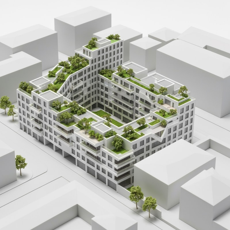modern residential lamella buildings, zig-zag layout, urban street edge and green courtyard, minimalist architecture, white concrete, balconies, medium-rise, architectural massing model, axonometric