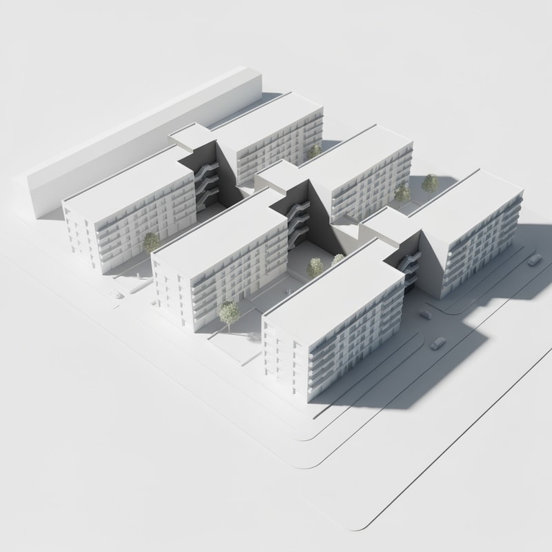 architectural massing model of a residential complex on a rectangular site 100x65m, three linear apartment buildings arranged in a zig-zag formation, each building approx 40m long and 12m deep, connected by recessed vertical circulation cores (staircases and elevators) shown as darker volumes between buildings, medium-rise (5-6 floors), placed along a main street edge, with open green courtyard behind, clean geometry, controlled angles (not random), modern minimalist architecture, white physical model, axonometric view, no textures, no people, soft shadows