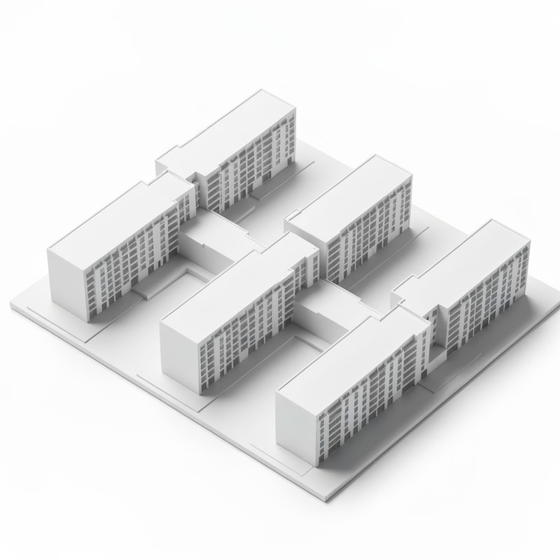 architectural massing model, three separate linear apartment buildings (NOT connected), arranged in a zig-zag line across a rectangular site 100x65m, each building 40m long and 12m deep, clear gaps between buildings, vertical circulation cores as smaller blocks between them, open space between volumes, NOT a closed block, NOT a courtyard building, parallel but slightly rotated volumes, modern minimalist white model, axonometric view, clean geometry , separate buildings, not enclosed, open composition, no perimeter block, no courtyard block, like multiple slab buildings placed next to each other