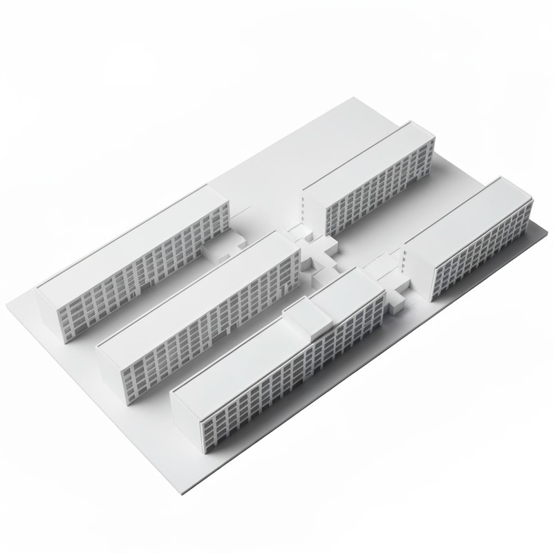 architectural massing model, three separate linear apartment buildings (NOT connected), arranged in a zig-zag line across a rectangular site 100x65m, each building 40m long and 12m deep, clear gaps between buildings, vertical circulation cores as smaller blocks between them, open space between volumes, NOT a closed block, NOT a courtyard building, parallel but slightly rotated volumes, modern minimalist white model, axonometric view, clean geometry , separate buildings, not enclosed, open composition, no perimeter block, no courtyard block, like multiple slab buildings placed next to each other