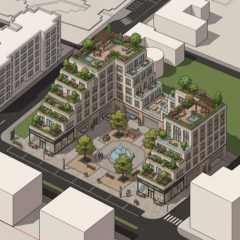 Decorate this block for me. My buildings are these stepped ones. Let them all have roof gardens and a large one at the top. On the ground floor, let there be a shop facing the street and inside there is a garage on the ground floor. Add windows and terraces that look out onto the central part of the block where there will be a square and a nicely decorated space.