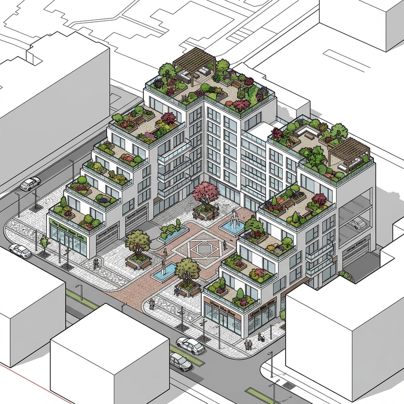 Decorate this block for me. My buildings are these stepped ones. Let them all have roof gardens and a large one at the top. On the ground floor, let there be a shop facing the street and inside there is a garage on the ground floor. Add windows and terraces that look out onto the central part of the block where there will be a square and a nicely decorated space. don't put them together