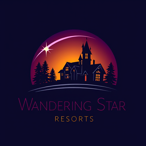Professional logo design. Logo for Wandering Star Resorts
Dark sunset background with a shooting star arcing across the sky
Silhuett a dark home against the dark sunset background
Like Disney castle with fairy, but a house instead of a castle, and a shooting star instead of a fairy
Colors: Dark purple and blue
Keep the star inside the circle
No trees or castles, only a house with lighted windows