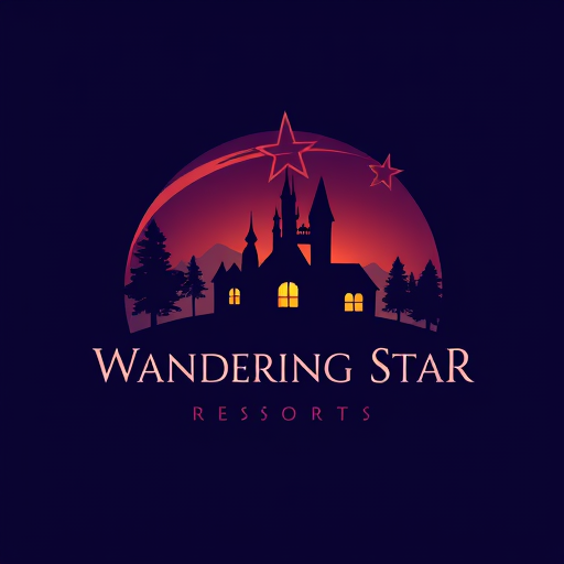 Professional logo design. Logo for Wandering Star Resorts
Dark sunset background with a shooting star arcing across the sky
Silhuett a dark home against the dark sunset background
Like Disney castle with fairy, but a house instead of a castle, and a shooting star instead of a fairy
Colors: Dark purple and blue
Keep the star inside the circle
No trees or castles, only a house with lighted windows