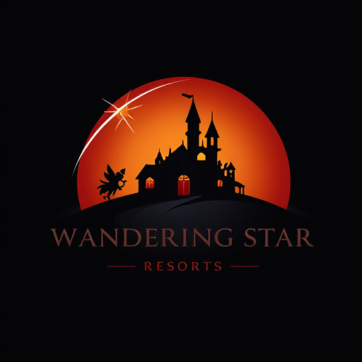 Professional logo design. Logo for Wandering Star Resorts
Dark sunset background with a shooting star arcing across the sky
Silhuett a dark home against the dark sunset background
Like Disney castle with fairy, but a house instead of a castle, and a shooting star instead of a fairy