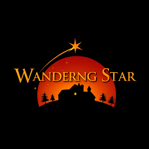 Professional logo design. Logo for Wandering Star Resorts
Dark sunset background with a shooting star arcing across the sky
Silhuett a dark home against the dark sunset background
Like Disney castle with fairy, but a house instead of a castle, and a shooting star instead of a fairy