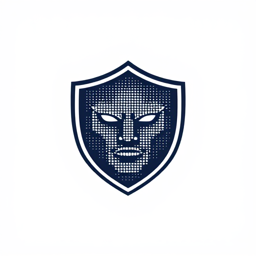 Professional logo design. dot matrix face in the shape of a shield on blank background