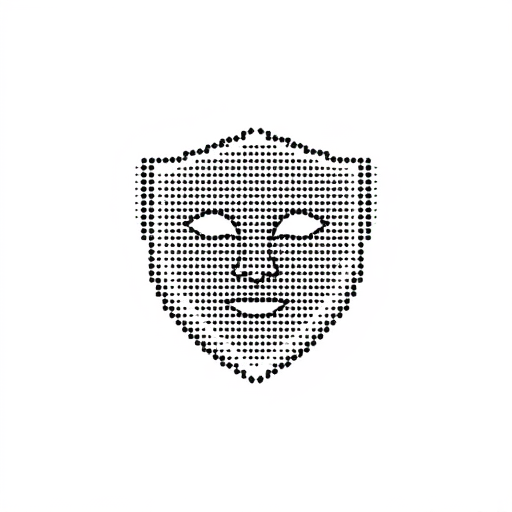 Professional logo design. dot matrix face in the shape of a shield on blank background