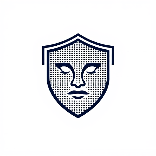 Professional logo design. dot matrix face in the shape of a shield on blank background