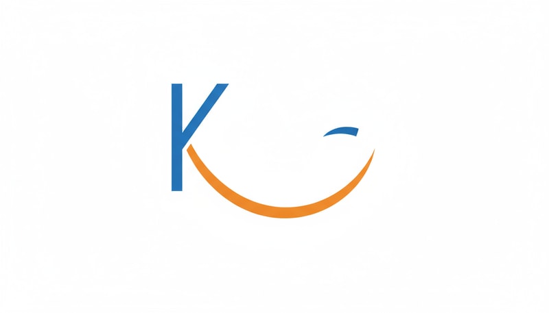 Create a logo of the letter K with its tail extended to form a smiling mouth. Include a “<” symbol positioned opposite the letter K. The logo should be simple, modern, and friendly. Use blue for the letter K and orange for the smile.”
