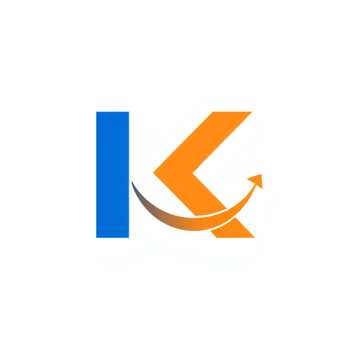 Professional logo design. “Create a logo of the letter K with its tail extended to form a smiling mouth. Add < . The logo should be simple, modern, and friendly. Use blue for the letter K and orange for the smile.”