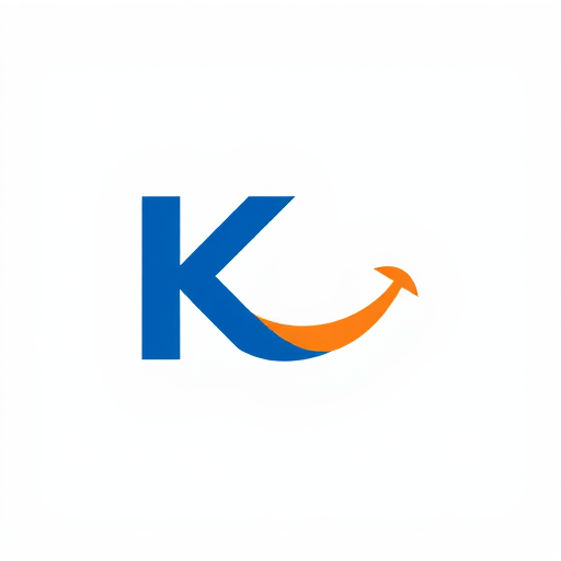 Professional logo design. “Create a logo of the letter K with its tail extended to form a smiling mouth. Add < . The logo should be simple, modern, and friendly. Use blue for the letter K and orange for the smile.”