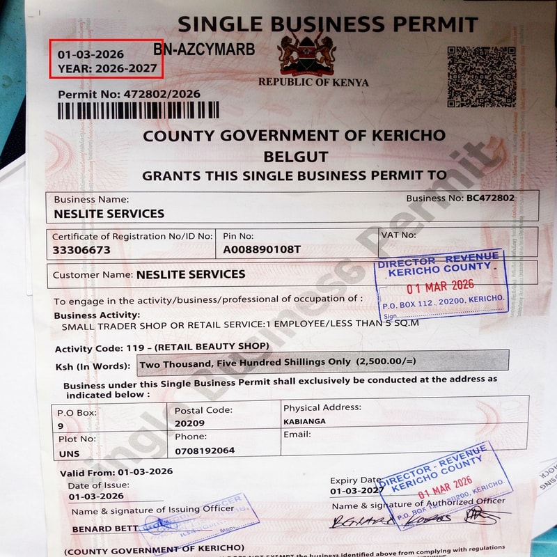 edit details in the image to: Type
business_name
S.No
BN-AZCYMARB
Name: NESLITE SERVICES   phone number 0708192064 date be 01/03/2026 t0 01/03/2027. Issued to: Neslite Services