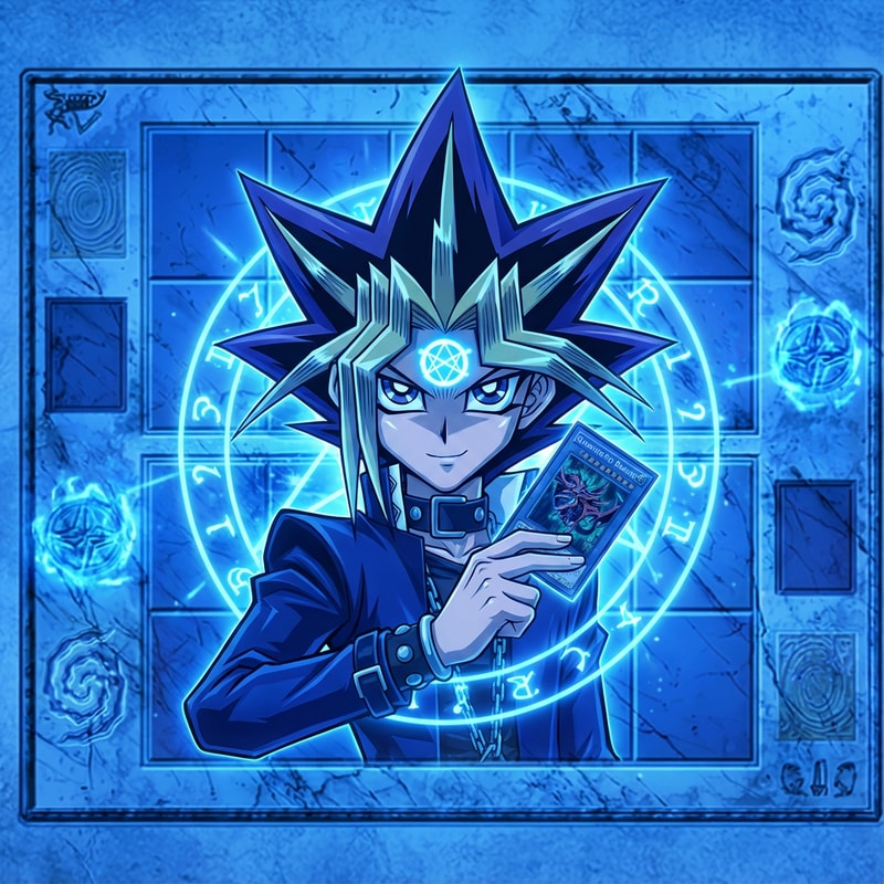 Legyen kék szinü az egész effektel. A közepén a kereszt helyett legyen Yugi ahol fog 1 kártyát Slifert és a homlokán van Orichalcos jele és gúnyosan mosolyog.