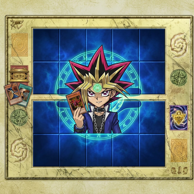 Legyen kék szinü az egész effektel. A közepén a kereszt helyett legyen Yugi ahol fog 1 kártyát Slifert és a homlokán van Orichalcos jele és gúnyosan mosolyog csak kicsibe legyen ne teritse be az egész képet... Illetve a mező legyen kék ne az egész kép, és a fuzió temető mezőlap helyére csinálj valami kreativ dolgot ami Yugiosh