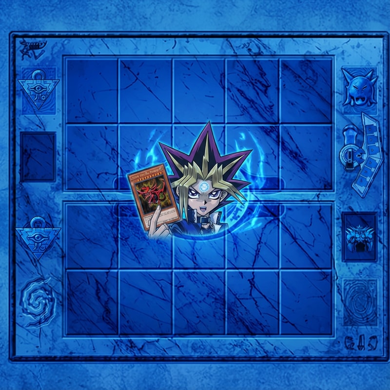 Legyen kék szinü az egész effektel. A közepén a kereszt helyett legyen Yugi ahol fog 1 kártyát Slifert és a homlokán van Orichalcos jele és gúnyosan mosolyog csak kicsibe legyen ne teritse be az egész képet... Illetve a mező legyen kék ne az egész kép, és a fuzió temető mezőlap helyére csinálj valami kreativ dolgot ami Yugiosh Mezőn kivüli dolgok és kékek legyenek.  Ne legyen benne sárga szin a mezőn és a mezőn kivül