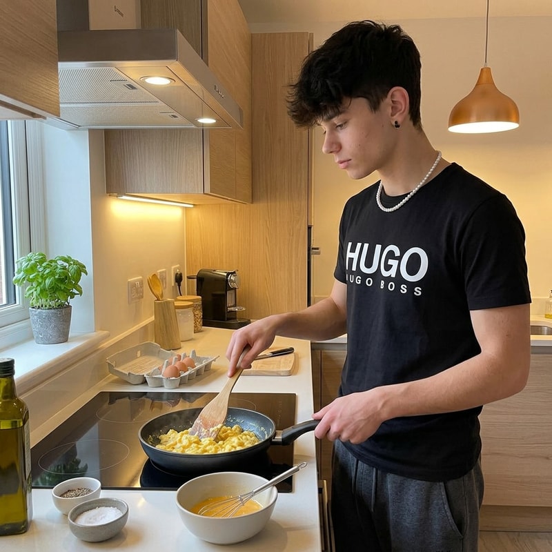 Szerkeszd meg úgy hogy épp tojásrántottát csinál. Hugoboss poló legyen rajtam meg 1 melegítő. Az arc olyan legyen mint az eredeti képen pls.