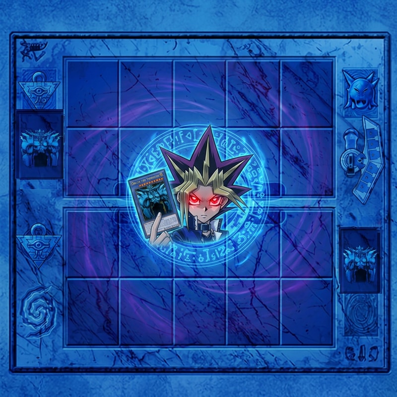 Szerkeszd meg nekem a Kék háttér maradjon, a közepén Yugi legyen piros szemmel kezében 1 Kártya Obelisk lappal. Legyen misztikus szép