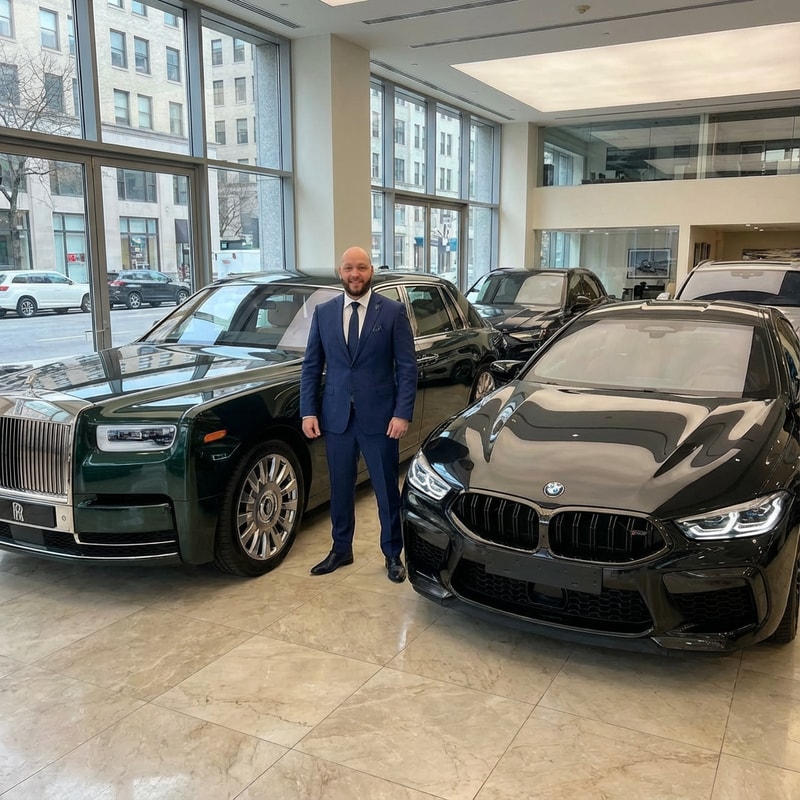 Szerkeszd meg ezt a képet úgy hogy ott áll 1 Roys Roys mellet és 1 BMW mellet realisztiukusan és jól öltözötten