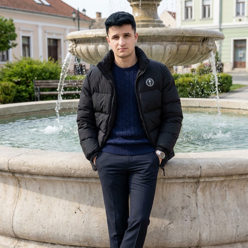 Legyen rajtam 1 Trapstar kabát 1 kötött ralp lauren felső 1 elegáns nadrág, 1 rolex karóra és 1 szökőkutnál álljak Komádiba