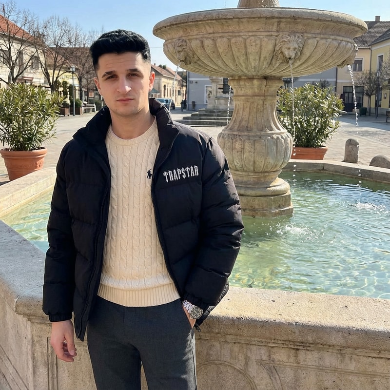 Legyen rajtam 1 Trapstar kabát 1 kötött ralp lauren felső 1 elegáns nadrág, 1 rolex karóra és 1 szökőkutnál álljak Komádiba. A szemöldököm legyen rendezett.