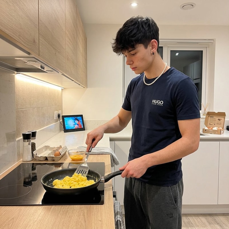 Szerkeszd meg úgy hogy épp tojásrántottát csinál. Hugoboss poló legyen rajtam meg 1 melegytő