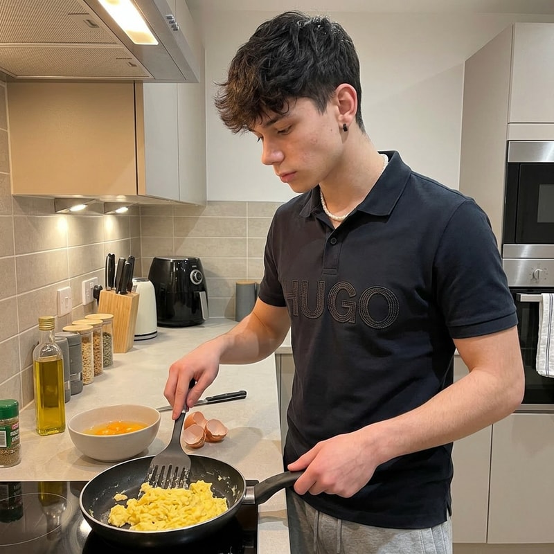 Szerkeszd meg úgy hogy épp tojásrántottát csinál. Hugoboss poló legyen rajtam meg 1 melegítő. Az arc olyan legyen mint az eredeti képen pls. Varrot legyen a HUGO pulcsi