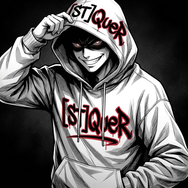 Szerekeszd át nekem menőn gonoszan vigyorogjon, kisebb feketéspiros szeme legyen legyen rá írva epicmenőn [ST]QueR illetve más álása legyen a kapucni legyen ratja baszó és az arca legyen menőbb