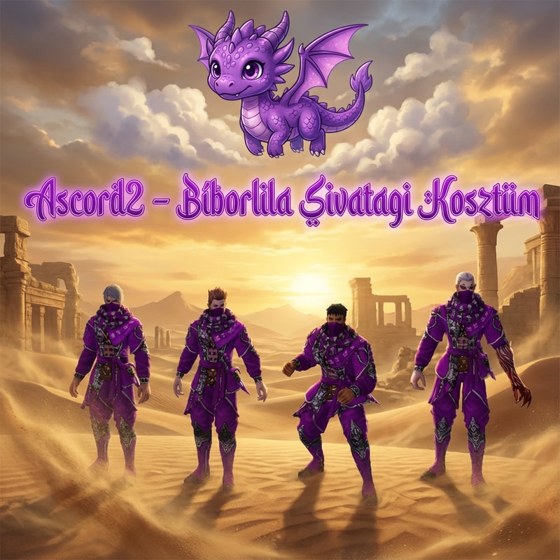 Szerkeszd meg nekem epicen. Legyen oda irva Ascord2  - Bíborlila Sivatagi Kosztüm. És valami cuki lila sárkány legyen az Ascord2 felirat felett. Az irás is legyen Lila